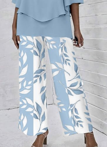 Women's 2 Piece Outfits Green 3/4 Sleeve Double Layer Top and Leaf Print Straight Leg Pants Lounge Set 2025 Trendy