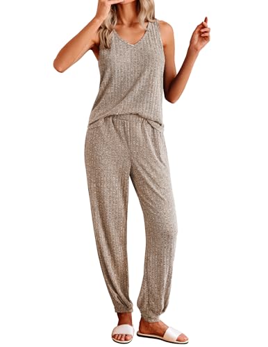 Women's Pajamas Sleeveless Summer Lounge Set Ribbed Knit Pj Loungewear Soft Tank Sleepwear Nightwear S-XXL