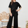 Womens Knit 2 Piece Sweater Sets Short Sleeve Pullover Tops Elastic Waist Wide Leg Pants Lounge Set
