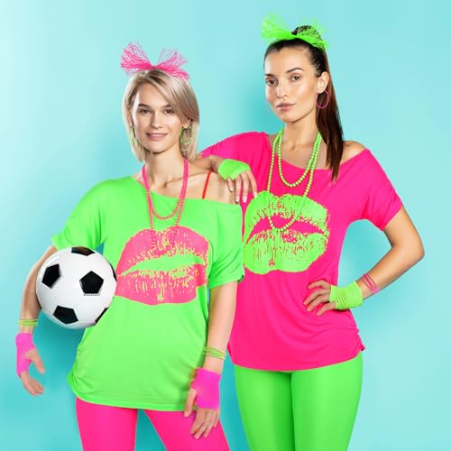 80s Women Costume Set, Lips Print off Shoulder T-shirt, Geometric Legging Pants Earring Necklace Gloves Bracelet