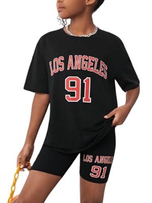 Girl's Letter Print Drop Shoulder Tee Tops & Biker Shorts 2 Piece Causal Summer Workout Outfits Set