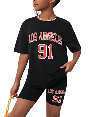 Girl's Letter Print Drop Shoulder Tee Tops & Biker Shorts 2 Piece Causal Summer Workout Outfits Set