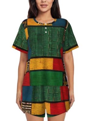 Women'S African Style Patchwork Print Pajamas Set,Womens Pj Sets For Summer,Loungewear Sets With Cooling Fabric