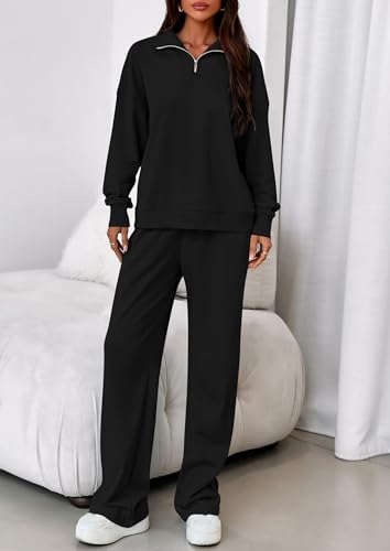 Womens Casual Two Piece Sets Fall 2025 Outfits Quarter Zip Sweatshirts Straight Leg Pants Sweatsuits Tracksuit