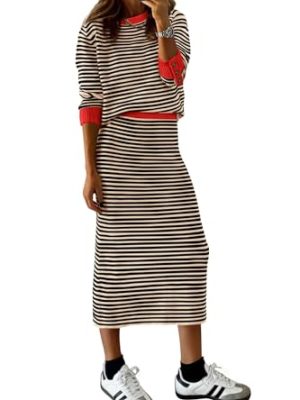 2 Piece Skirts Sets For Women Fall Fashion 2025 Striped Sweater Dress Knit Lounge Travel Outfits Winter Clothing