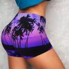 Palm Tree Purple Sunset Print Women's Workout Shorts Elastic Athletic Gym Shorts Summer Seamless High-Waisted Yoga