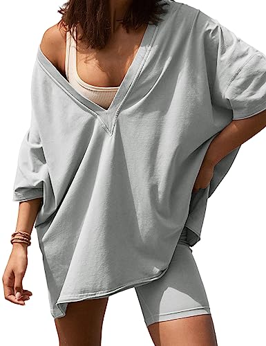 2 Piece Outfits for Women Reversible Oversized T Shirt Biker Shorts Sets Workout Tracksuit