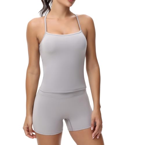 Cute Gym Yoga 2 Piece Outfits Sets for Women Workout Crop Tank Tops Athletic Shorts Lounge Wear Suit Clothes Summer