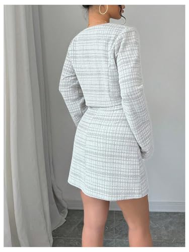 Women's 2 Piece Outfits Plaid Long Sleeve Button Down Cropped Jacket and Sleeveless Mini Dress Sets