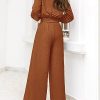 Women's 2 Piece Outfits 2025 Fall Fashion V Neck Long Sleeve Strappy Crop Top Wide Leg Pant Lounge Sets