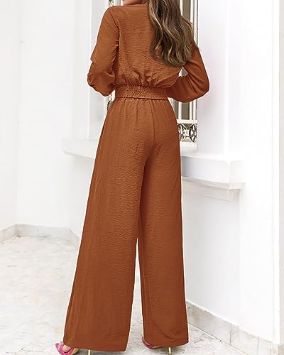 Women's 2 Piece Outfits 2025 Fall Fashion V Neck Long Sleeve Strappy Crop Top Wide Leg Pant Lounge Sets