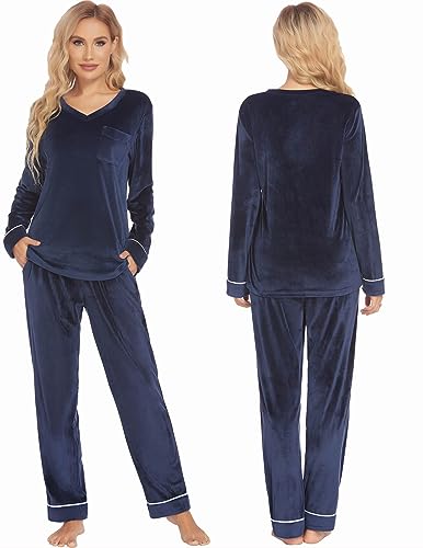 Couples Matching Pajamas Sets Velvet PJs Set for Men and Women Velour Long Sleeve Sleepwear S-XXL Navy