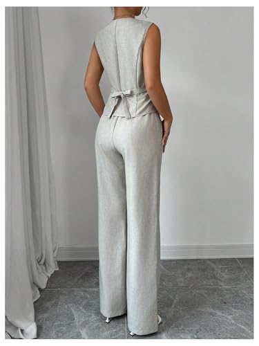 Women's 2 Piece Outfits V Neck Button Down Vest Tops and High Waisted Pants Set Office Work Suit