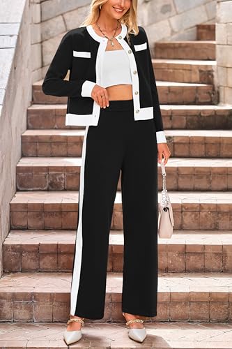 Women's 2 Piece Outfits Long Sleeve Button Down Color Block Cardigan Sweater Sets Wide Leg Pant Lounge Set