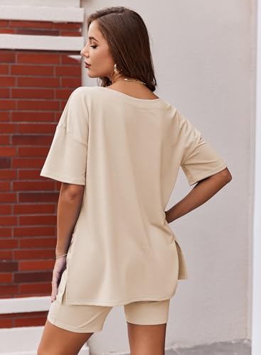 Womens Pajamas 2 Piece Lounge Sets Oversized V Neck T-Shirts Tops Biker Shorts Set Workout Reversible Tracksuit S-XXL