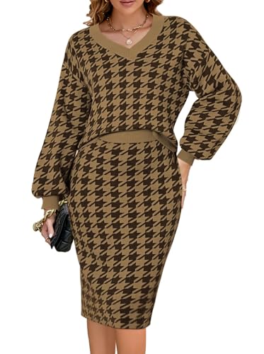 Women's 2 Piece Outfits Set Knit V Neck Batwing Long Sleeve Loose Top Bodycon Midi Skirt Sweater Dresses