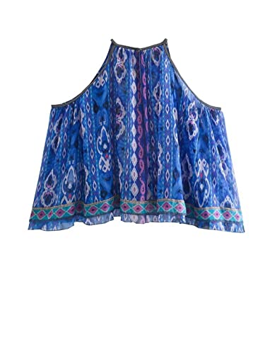 2 Piece Set Print Tube Top Elastic Waist Shorts Suit Female Casual Vacation Blue Suits