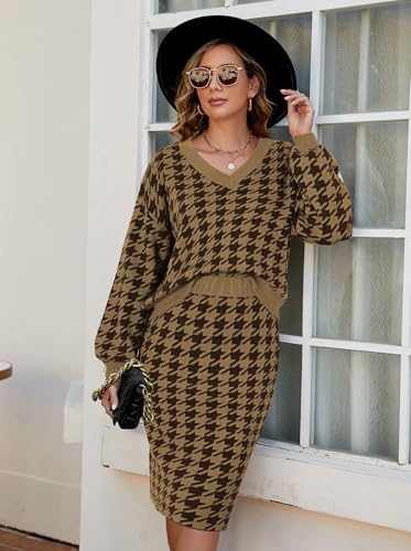 Women's 2 Piece Outfits Set Knit V Neck Batwing Long Sleeve Loose Top Bodycon Midi Skirt Sweater Dresses