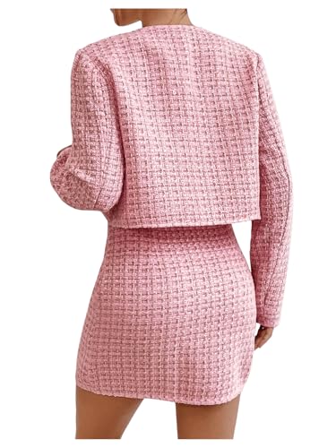 Women's 2 Piece Outfits Plaid Tweed Blazer Long Sleeve Jacket and Skirt Set