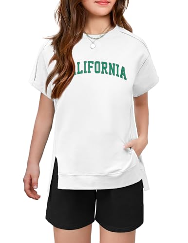 Girls 2 Piece Outfit Summer Short Sleeve Loose Fit T-Shirt and Shorts Set Casual Activewear High-Low Hem Sweatshirt