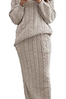 Women's Winter Chunky Cable Knit Long Skirt 2 Piece Outfit Sweater Sets