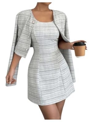 Women's 2 Piece Outfits Plaid Long Sleeve Button Down Cropped Jacket and Sleeveless Mini Dress Sets