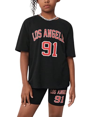 Girl's Letter Print Drop Shoulder Tee Tops & Biker Shorts 2 Piece Causal Summer Workout Outfits Set