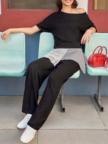 Women's 2 Piece Travel Outfits Casual Short Sleeve Knit Sweater Set Wide Leg Pants Lounge Sets Tracksuit