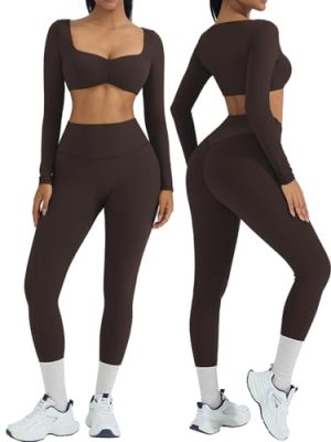 2 Piece Workout Sets for Women Long Sleeve Padded Sports Bra High Waisted Gym Outfits with Pocket