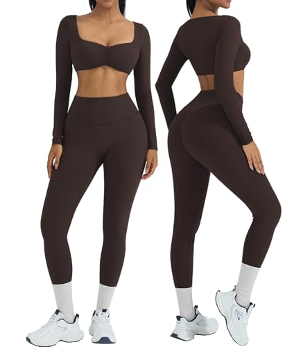 2 Piece Workout Sets for Women Long Sleeve Padded Sports Bra High Waisted Gym Outfits with Pocket