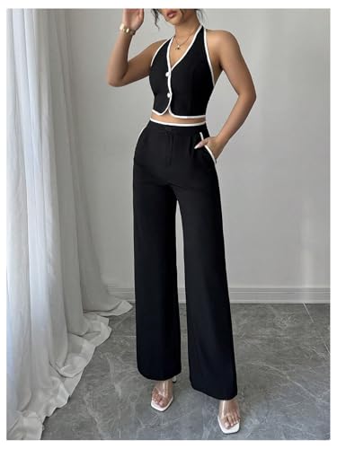 Women's Summer 2 Piece Outfits Halter Crop Tops and Wide Leg Pants Business Casual Sets
