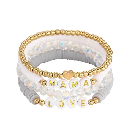 Mama Bracelets for Women Multilayer Polymer Clay Heishi Beaded Stackable Bracelets Set Boho Summer Beach Jewelry Mother's Day