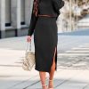 Women's 2 Piece Outfits 2025 Fall Long Sleeve Crop Tops Slit Bodycon Ribbed Knit Midi Skirt Sets Lounge Wear