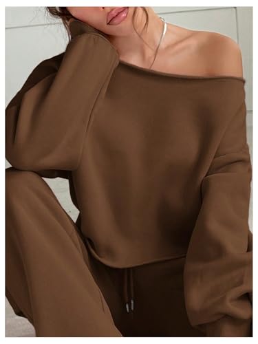 Women's 2 Piece Outfits Fall Sweatsuits Off The Shoulder Crop Top Wide Leg Sweatpants Casual Matching Lounge Sets