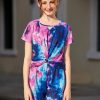 Girls Summer 2 Piece Outfits Tie Dye Short Sets Casual Twist Front Short Sleeve Tops and Pant with Pockets