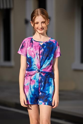 Girls Summer 2 Piece Outfits Tie Dye Short Sets Casual Twist Front Short Sleeve Tops and Pant with Pockets