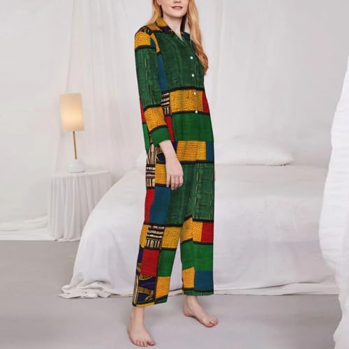 African Style Patchwork Print Soft Button Top With Pants Fall Pajamasï¼ŒChic Women'S Long-Sleeved Pajama Set