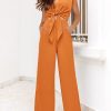 Women's Summer 2 Piece Outfits 2025 Cap Sleeve V Neck Belted Crop Tops Wide Leg Pant Sets Casual Tracksuit