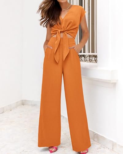 Women's Summer 2 Piece Outfits 2025 Cap Sleeve V Neck Belted Crop Tops Wide Leg Pant Sets Casual Tracksuit