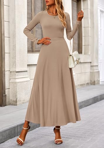 Women's Spring 2 Piece Outfits Dressy Casual Ribbed Knit Long Sleeve Crop Tops Maxi Flowy Skirts Matching Sets