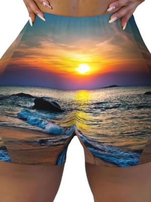 Beach and Sunset Print Women's Workout Shorts Elastic Athletic Gym Shorts Summer Seamless High-Waisted Yoga