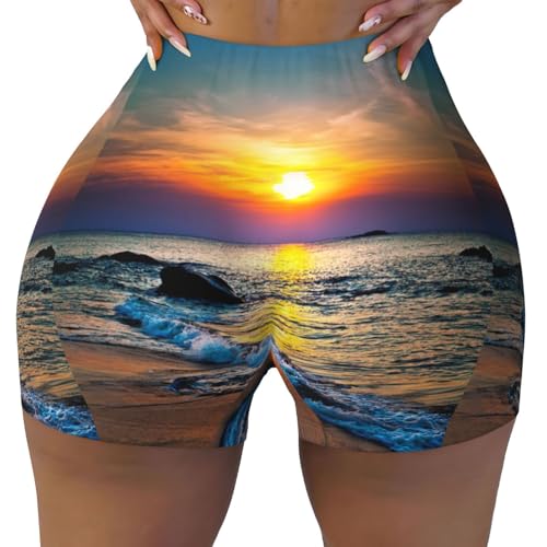 Beach and Sunset Print Women's Workout Shorts Elastic Athletic Gym Shorts Summer Seamless High-Waisted Yoga