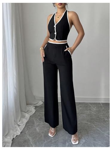 Women's Summer 2 Piece Outfits Halter Crop Tops and Wide Leg Pants Business Casual Sets