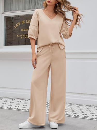 Womens 2 Piece Outfits Casual V Neck Shirts Wide Leg Running Long Pants Loose Workout Tracksuit Sets