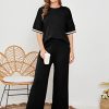 Womens Knit 2 Piece Sweater Sets Short Sleeve Pullover Tops Elastic Waist Wide Leg Pants Lounge Set