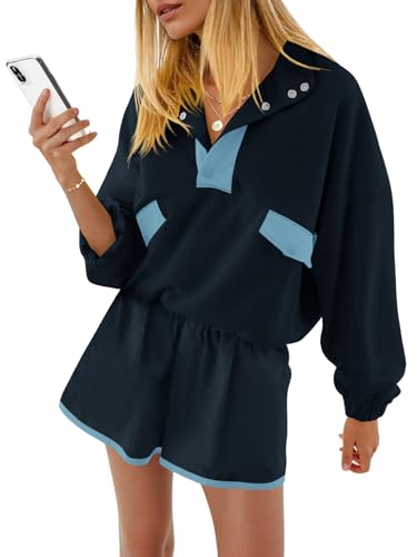 Womens 2 Piece Sets Sweatsuits Casual Half Button Color Block Sweatshirts Running Shorts Tracksuits Fall Outfits