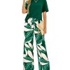 Women Summer 2 Piece Outfits 2025 Short Sleeve Knit Top Floral Print Belted Wide Leg Pant Sets With Pockets