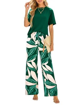 Women Summer 2 Piece Outfits 2025 Short Sleeve Knit Top Floral Print Belted Wide Leg Pant Sets With Pockets