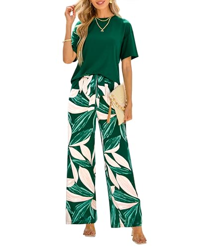 Women Summer 2 Piece Outfits 2025 Short Sleeve Knit Top Floral Print Belted Wide Leg Pant Sets With Pockets