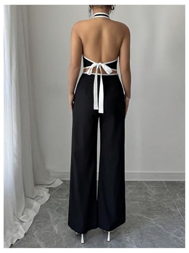 Women's Summer 2 Piece Outfits Halter Crop Tops and Wide Leg Pants Business Casual Sets